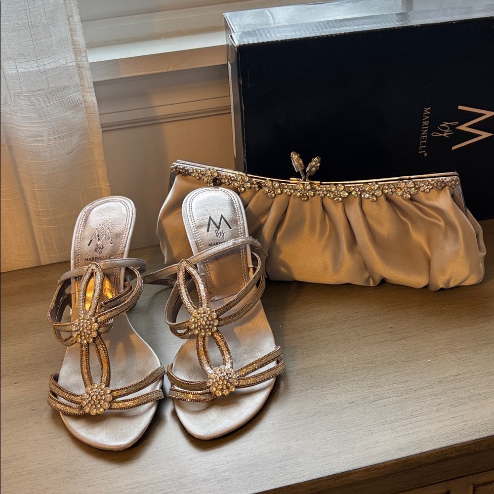 Madeline Women's Silver Strappy Heels with Rhinestone & Silver Evening Bag